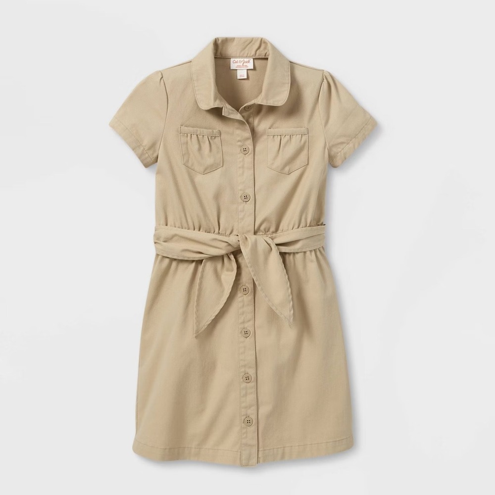 Two Cat & Jack Girls Khaki Shirt Dress School Uniform Short Sleeve Size 10 NWT